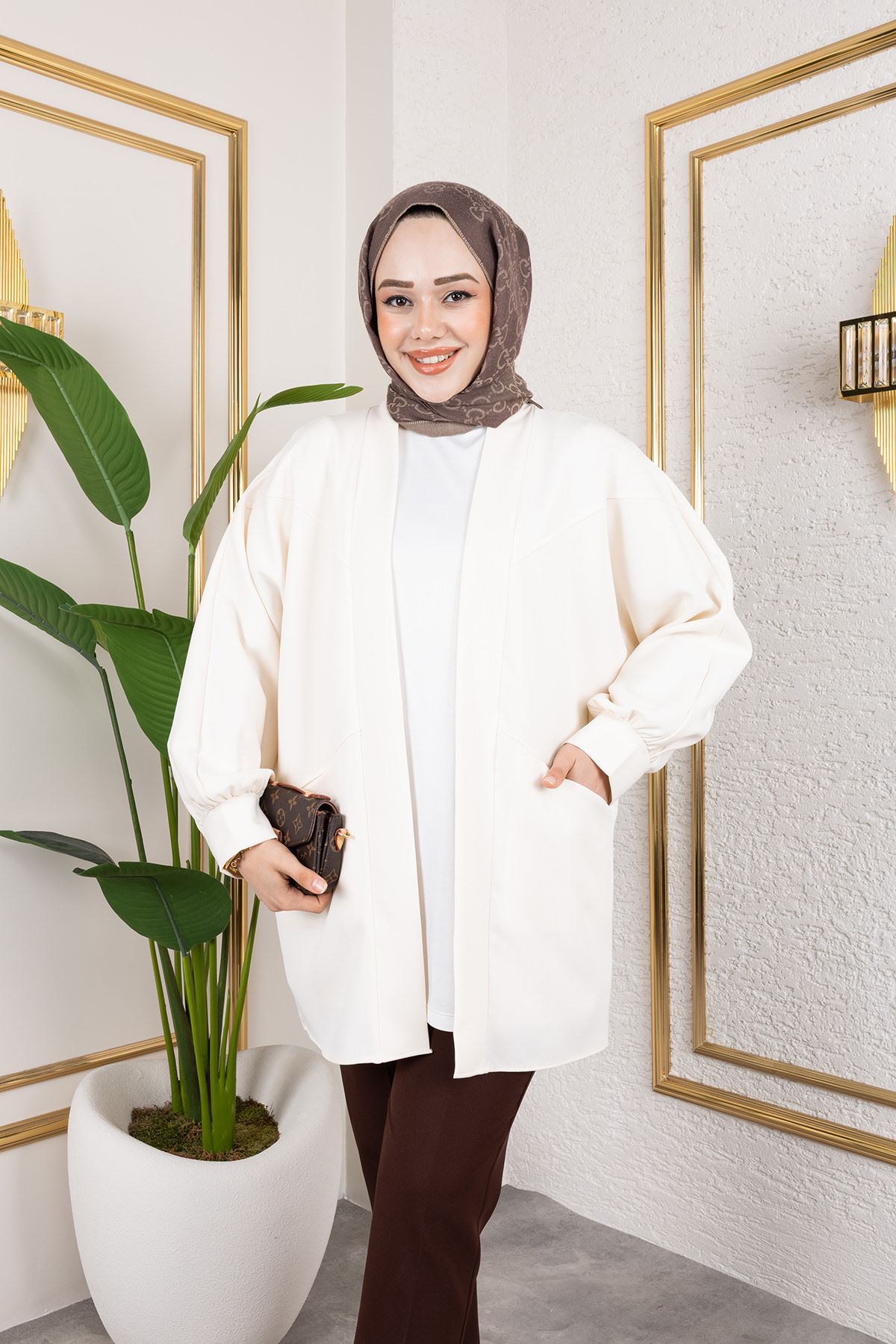 Cep Detay Atlas Hırka-Ekru