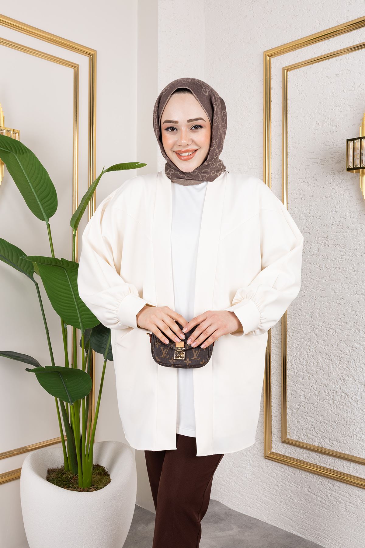 Cep Detay Atlas Hırka-Ekru