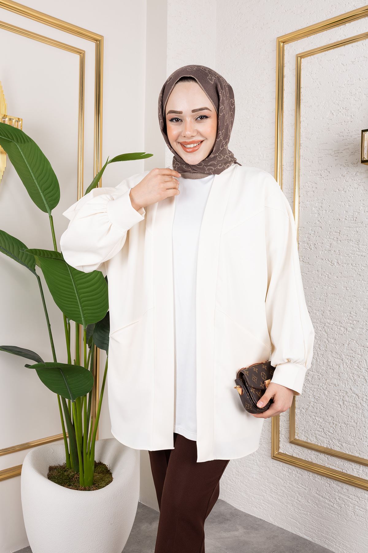 Cep Detay Atlas Hırka-Ekru