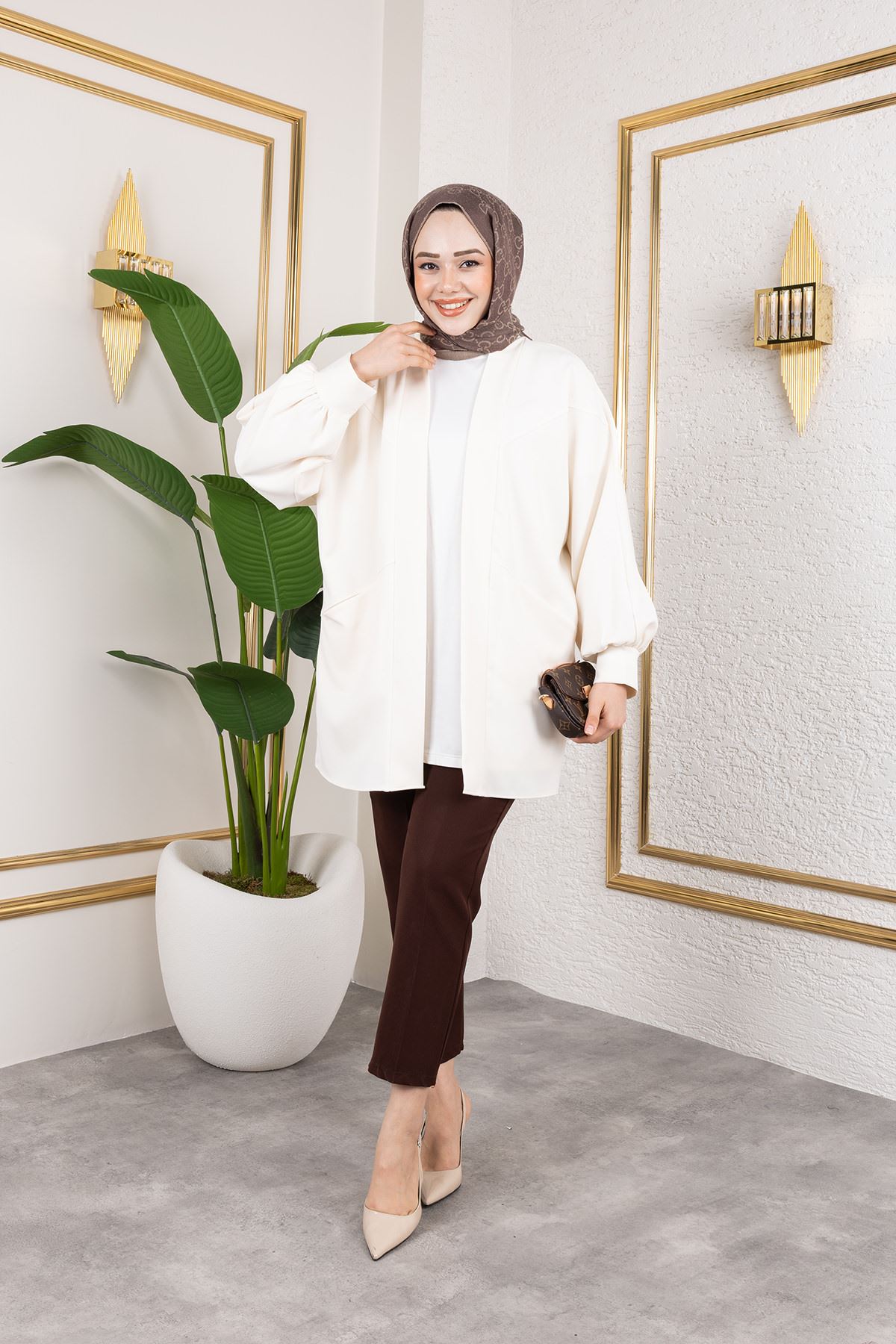 Cep Detay Atlas Hırka-Ekru