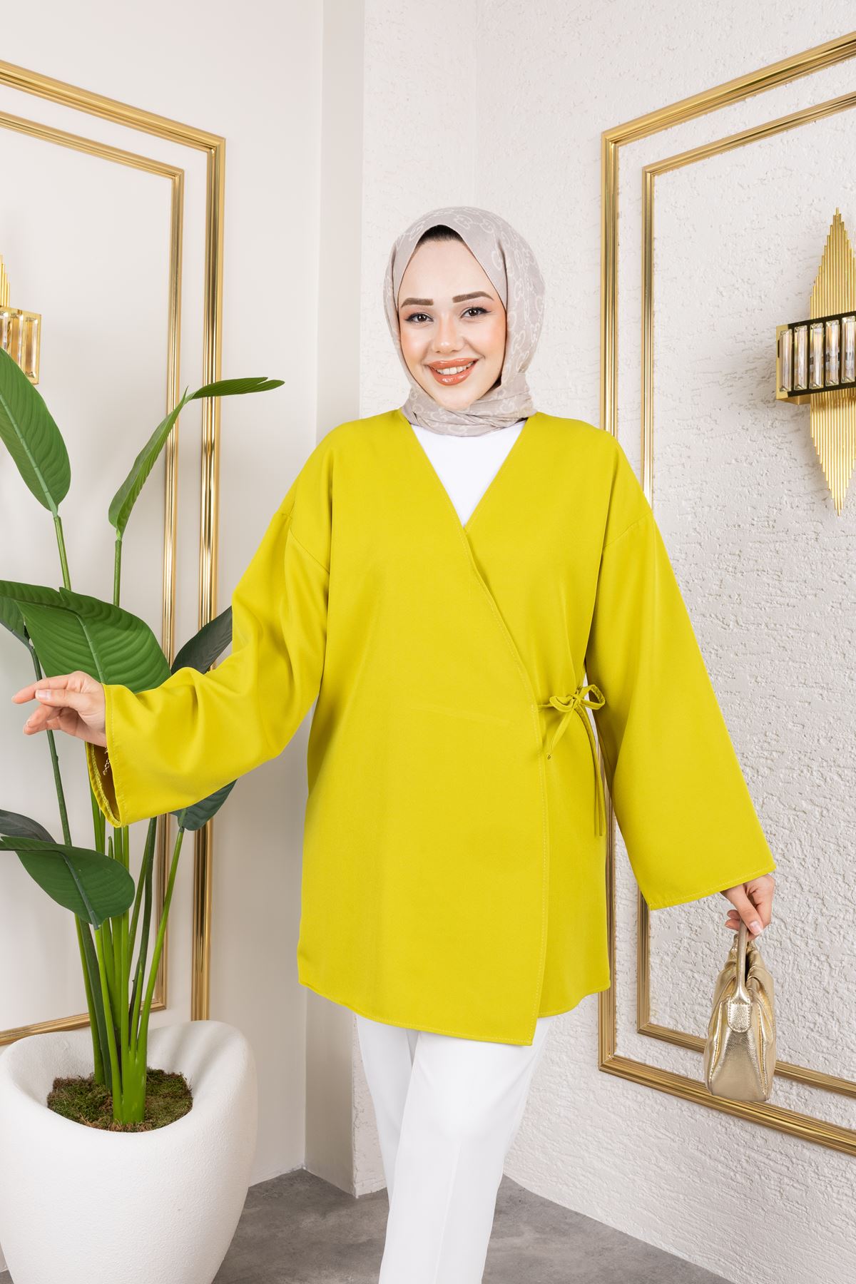 Yan Bağlamalı Atlas Tunik-YAĞ YEŞİLİ