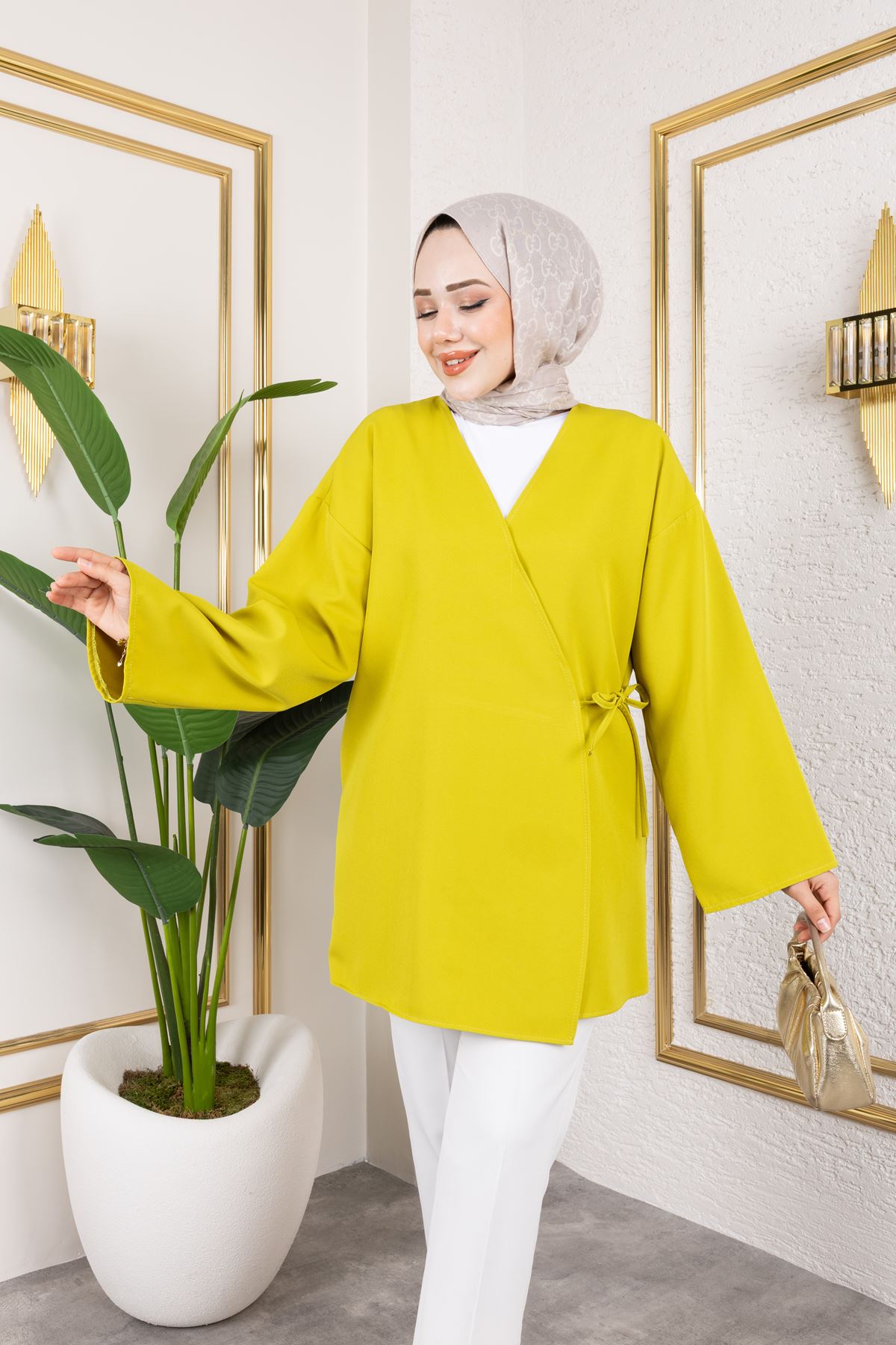 Yan Bağlamalı Atlas Tunik-YAĞ YEŞİLİ