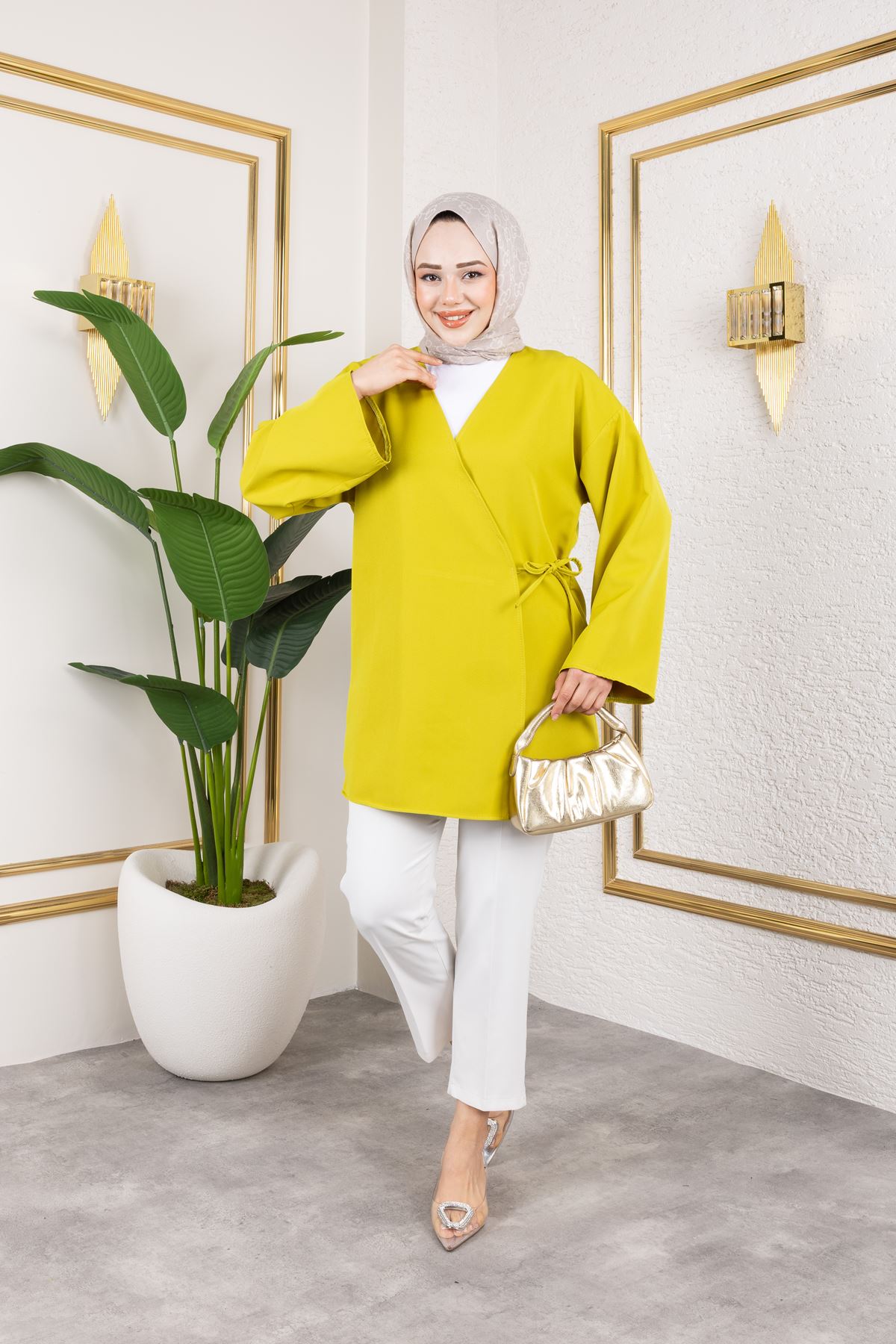 Yan Bağlamalı Atlas Tunik-YAĞ YEŞİLİ