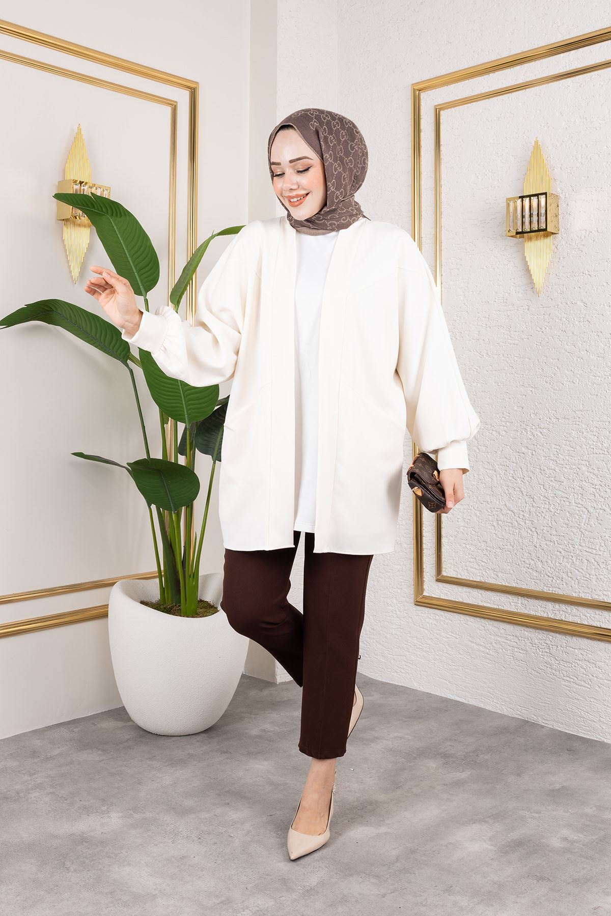 Cep Detay Atlas Hırka-Ekru