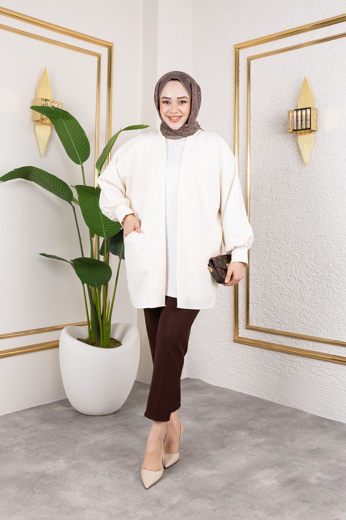 Cep Detay Atlas Hırka-Ekru