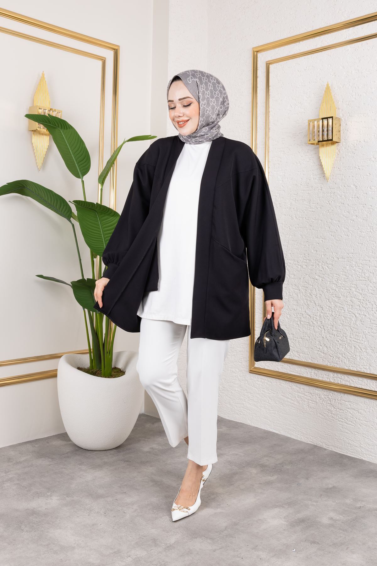 Cep Detay Atlas Hırka-Siyah