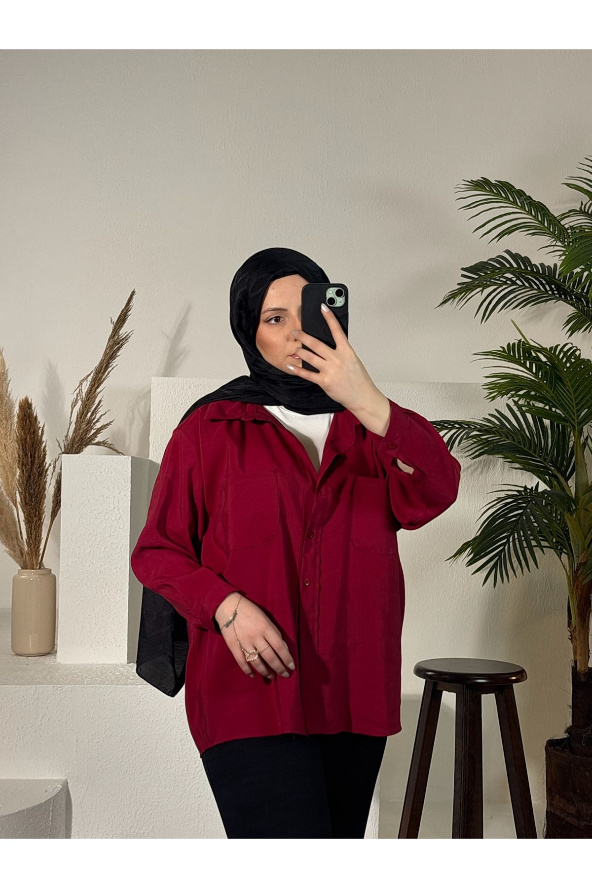 Çift Cep Dokuma Modal Tunik-Bordo