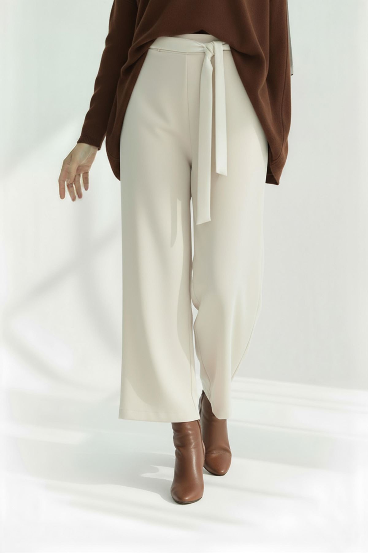 Bel Lastik Detaylı Bol Pantolon-Taş