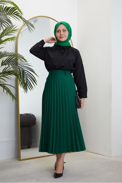 Kadın Soley Pilise Detaylı Yazlık Uzun Tesettür Etek-Zümrüt Yeşili