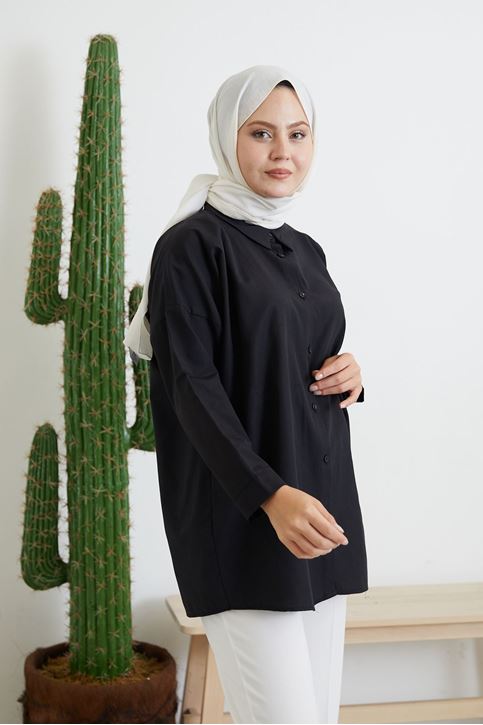 Düğmeli Poplin Gömlek-Siyah