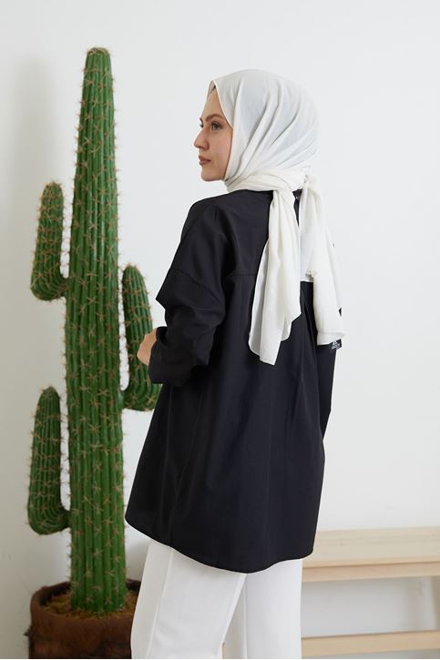 Düğmeli Poplin Gömlek-Siyah