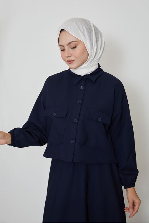 Kadın Önü Çift Cepli Kapak Detaylı Düğmeli Tunik Etek Tesettür Takım-Lacivert