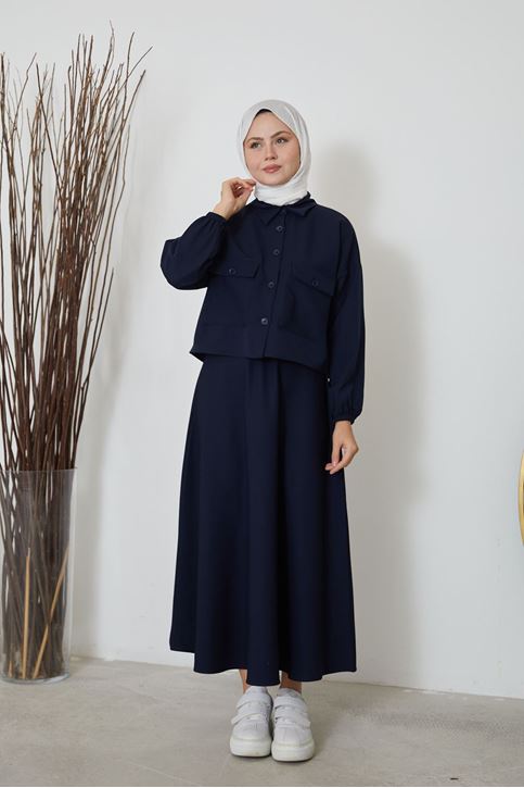 Kadın Önü Çift Cepli Kapak Detaylı Düğmeli Tunik Etek Tesettür Takım-Lacivert