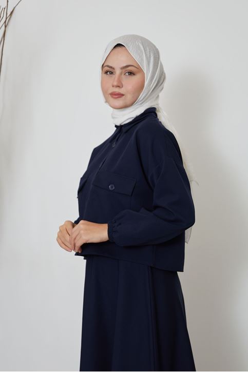 Kadın Önü Çift Cepli Kapak Detaylı Düğmeli Tunik Etek Tesettür Takım-Lacivert