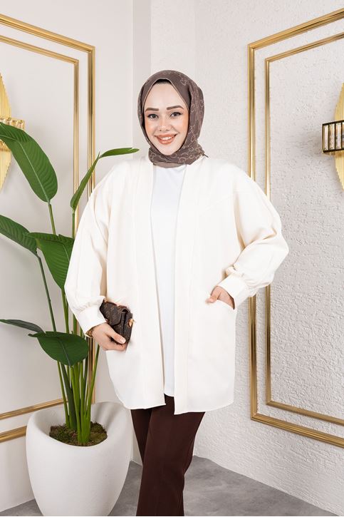 Cep Detay Atlas Hırka-Ekru