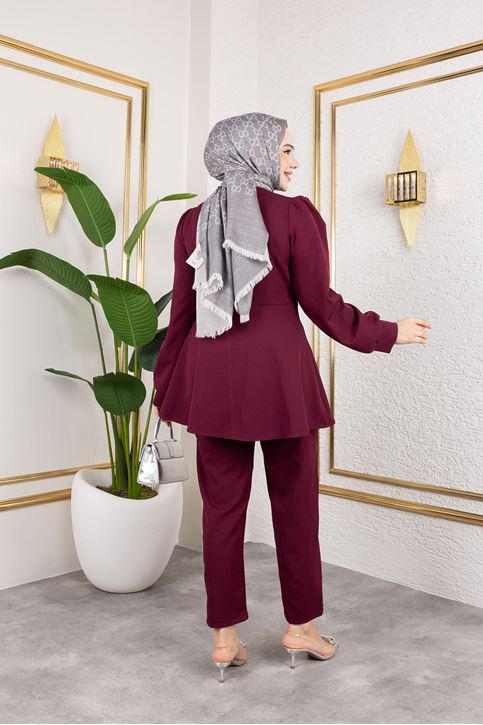 Kuşak Detay Ceketli Takım-Bordo