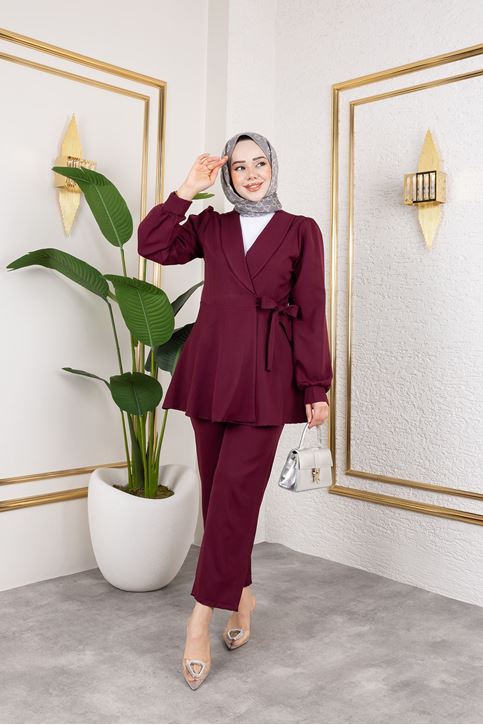 Kuşak Detay Ceketli Takım-Bordo