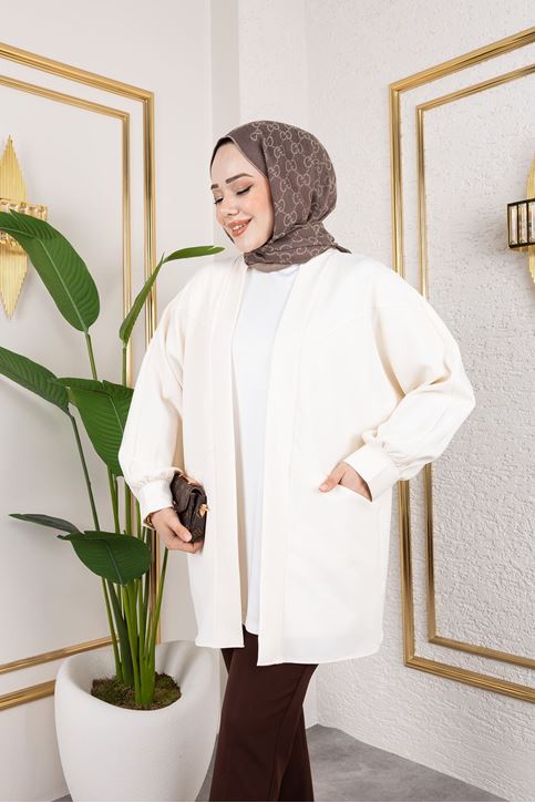 Cep Detay Atlas Hırka-Ekru