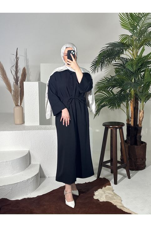 Takma Manşet Dabıl Elbise-Siyah