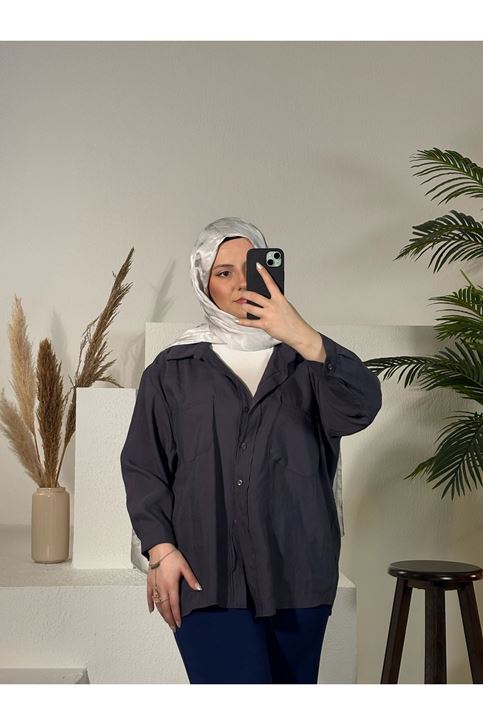 Çift Cep Dokuma Modal Tunik-Antrasit