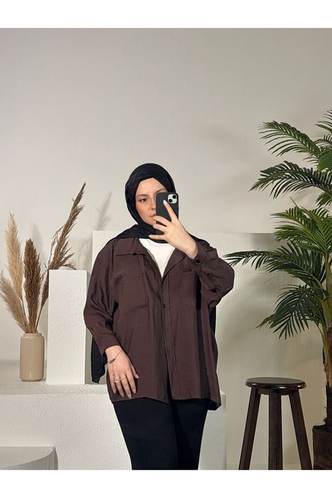 Çift Cep Dokuma Modal Tunik-Kahve