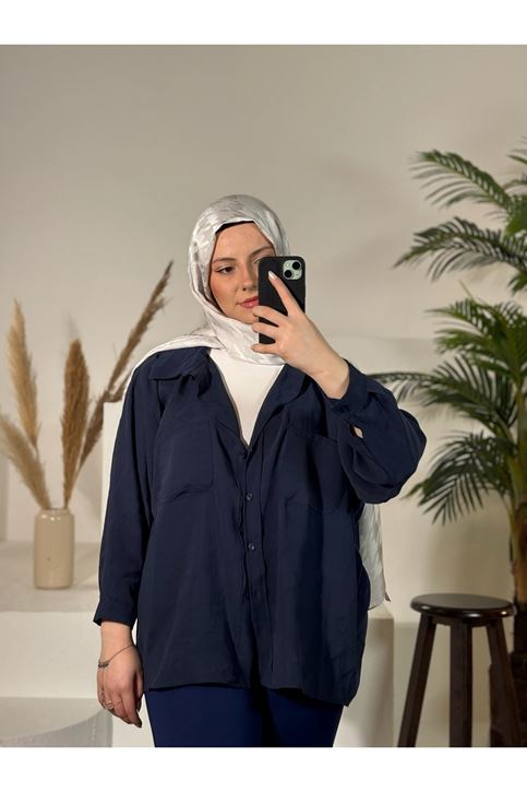 Çift Cep Dokuma Modal Tunik-Lacivert