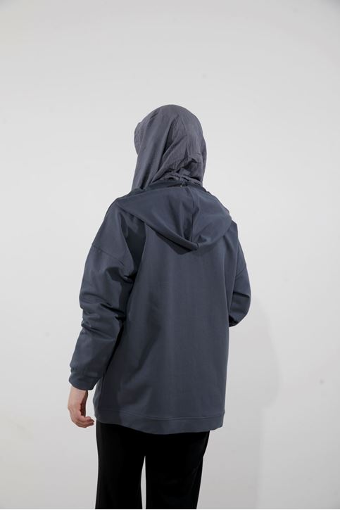 Kapşonlu Fermuar Detay Hırka-Antrasit