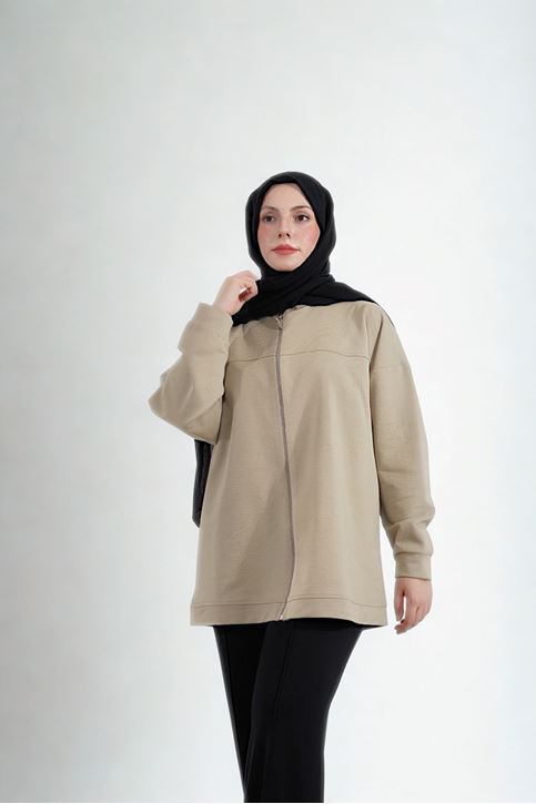 Kapşonlu Fermuar Detay Hırka-Mint