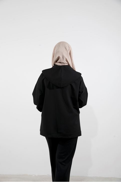 Kapşonlu Fermuar Detay Hırka-Siyah