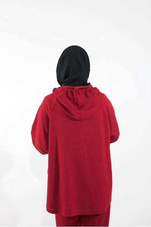 Kapşon Detay Pantolonlu Takım-Bordo