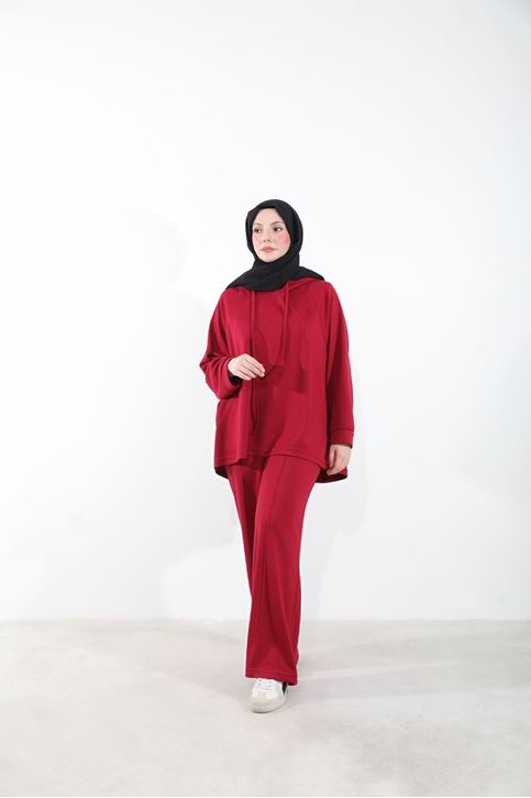 Kapşon Detay Pantolonlu Takım-Bordo