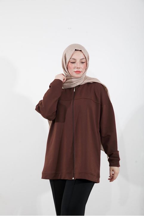 Kapşonlu Fermuar Detay Hırka-Kahve