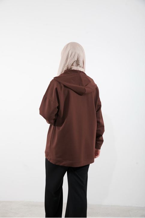 Kapşonlu Fermuar Detay Hırka-Kahve