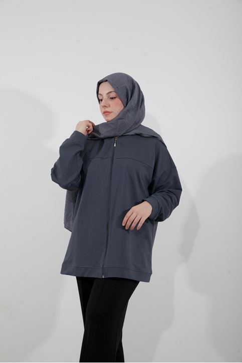 Kapşonlu Fermuar Detay Hırka-Antrasit