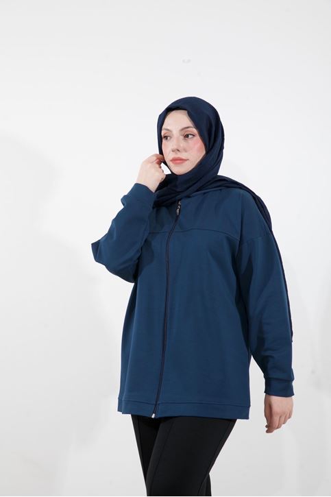 Kapşonlu Fermuar Detay Hırka-Lacivert