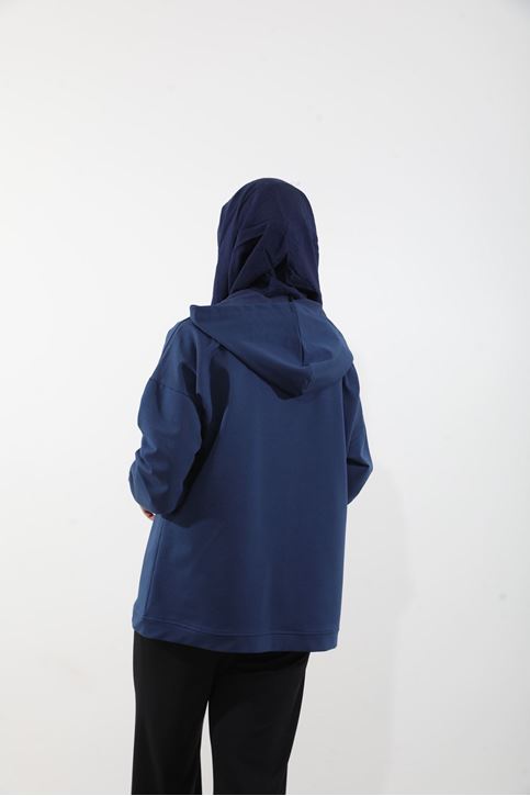 Kapşonlu Fermuar Detay Hırka-Lacivert