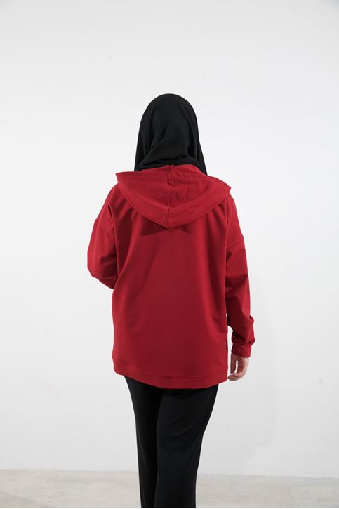 Kapşonlu Fermuar Detay Hırka-Kırmızı