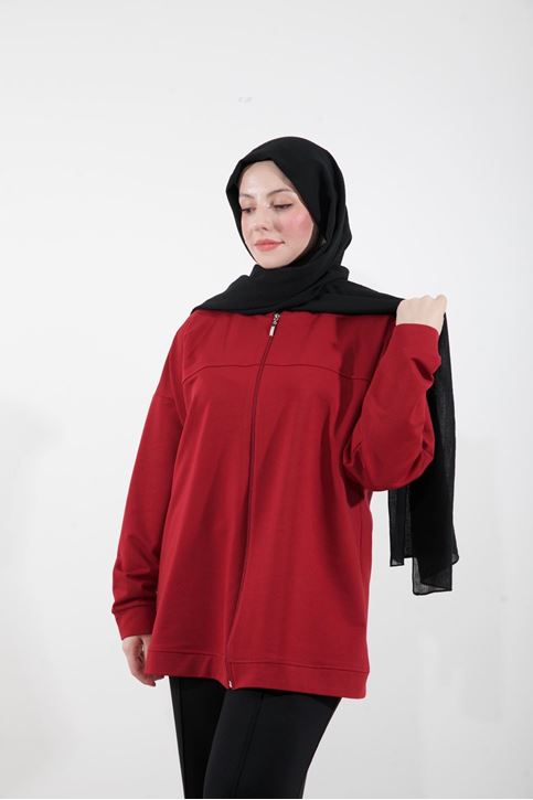 Kapşonlu Fermuar Detay Hırka-Kırmızı