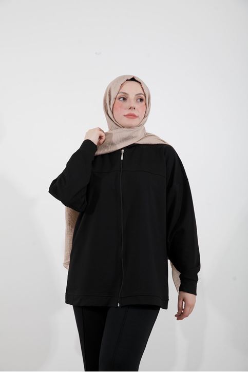 Kapşonlu Fermuar Detay Hırka-Siyah