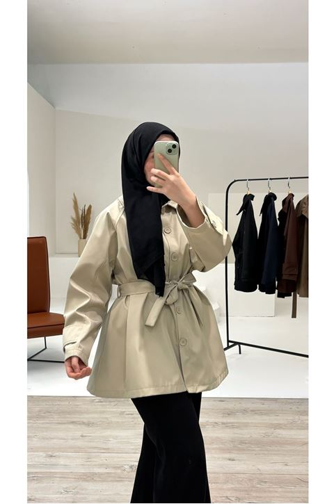 Kol Apolet Detay Kısa Trençkot-Bej