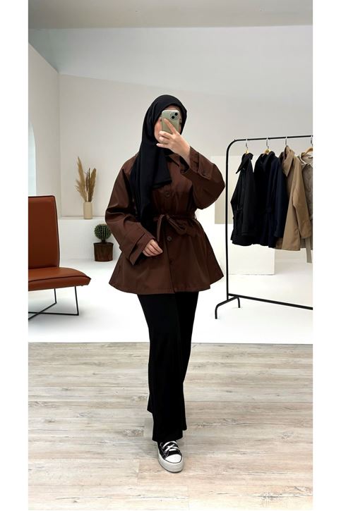 Kol Apolet Detay Kısa Trençkot-Kahve