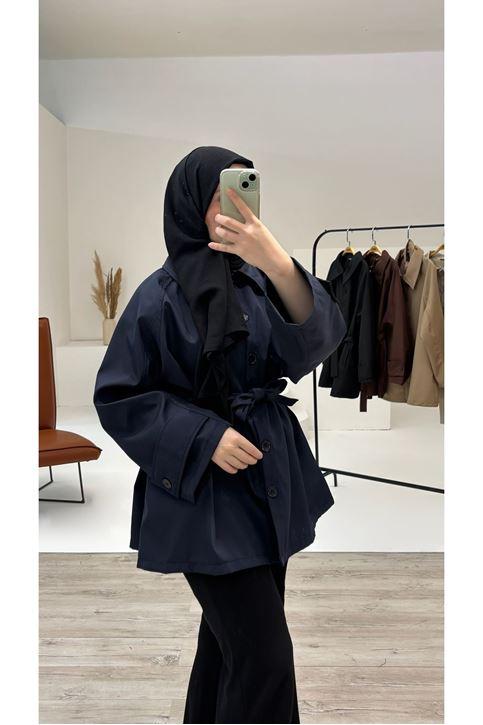 Kol Apolet Detay Kısa Trençkot-Lacivert