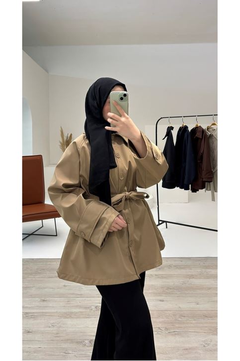 Kol Apolet Detay Kısa Trençkot-Taş