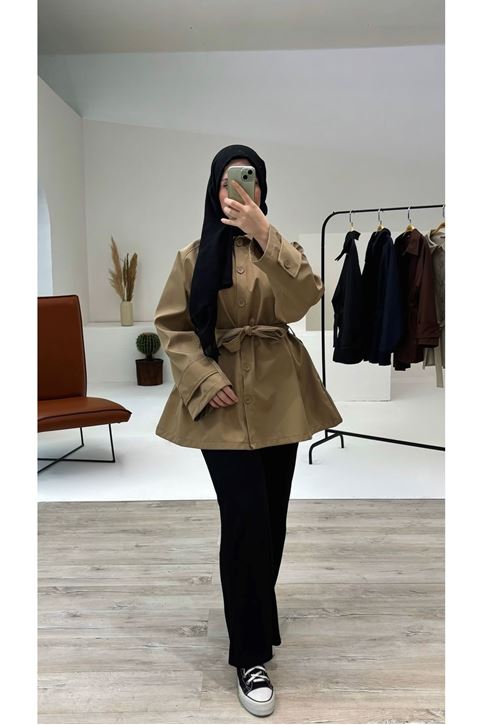 Kol Apolet Detay Kısa Trençkot-Taş