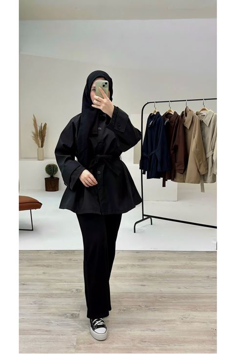 Kısa Deri Trençko-Siyah