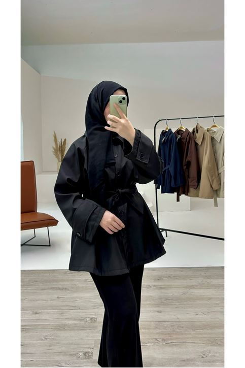 Kısa Deri Trençko-Siyah