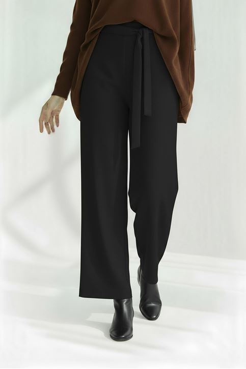 Kadın Beli Lastikli Bağlama Detaylı Geniş Paça Tesettür Pantolon-Siyah