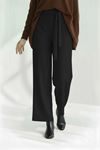 Kadın Beli Lastikli Bağlama Detaylı Geniş Paça Tesettür Pantolon-Siyah